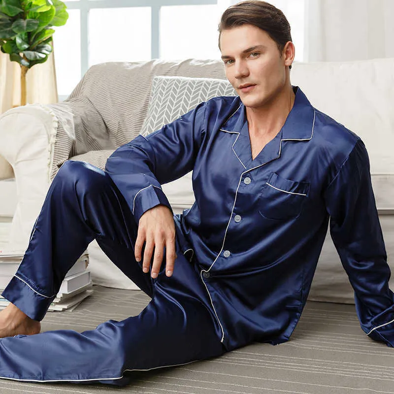 Ropa de dormir para hombres 2 unids Conjunto de sueño Satén Casual Primavera Ropa de dormir masculina Imprimir Kimono Albornoz Vestido Camisa Pantalones Verano Nueva Lencería íntima Homewear T221103