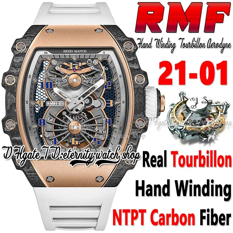 RMF mf202212101 Montre pour Homme Real Tourbillon Aerodyne Remontage Manuel Or Rose Boîtier en Fibre de Carbone Cadran Squelette Bracelet en Caoutchouc Blanc Super Edition Sport Eternity Montres