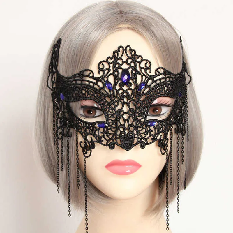 Maschera Maschera a mezza faccia Maschera per le feste viola Rhinestone Long Bronze Chain Masches in pizzo Accessori Halloween