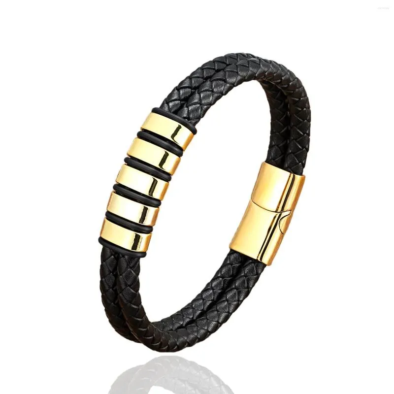 Charm Bracelets Punk Trendy Men Jewelry Braided Leather Bracelet Stainless Steel Metal Magnetic Buckle Male Fashion Bangle Gift