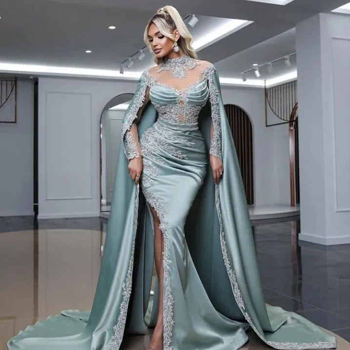 Gorgeous Mermaid Beaded Prom Dresses Appliqued Long Sleeves Evening Gowns With Cape High Neckline Side Split Sweep Train Satin Special Occasion Formal Wear