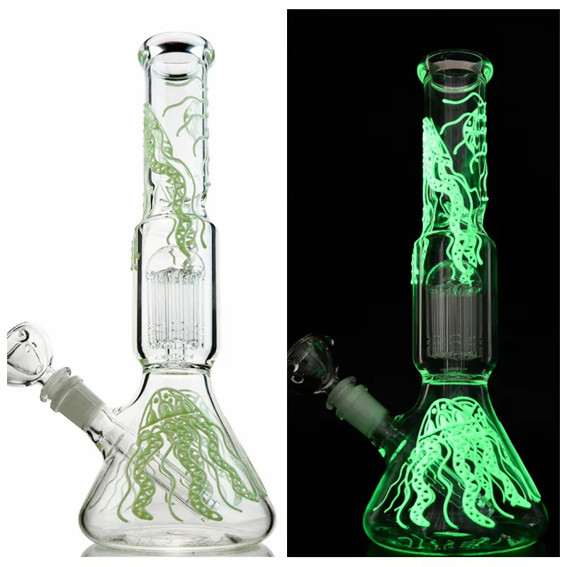 Glow In The Dark Glass Bongs Hookahs Straight Tube Unique Beaker Bong 6 Arms Tree Perc Water Oil Dab Rigs Jellyfish Patter Bong With Bowl