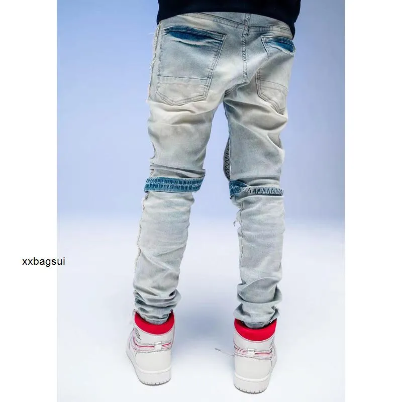 designer jeans Ch amirs high street modemerk waswater Vintage Blauw versleten gat patch knieband Slim Fit Jeans Men282R