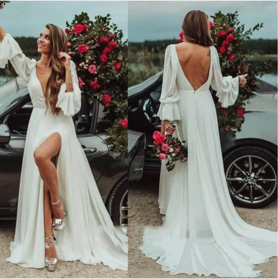 Hippie Wedding Dress High Split Deep V Neck Backless Long Puff Sleeves Beach Wedding Boho Bridal Gowns Vestido De Noiva