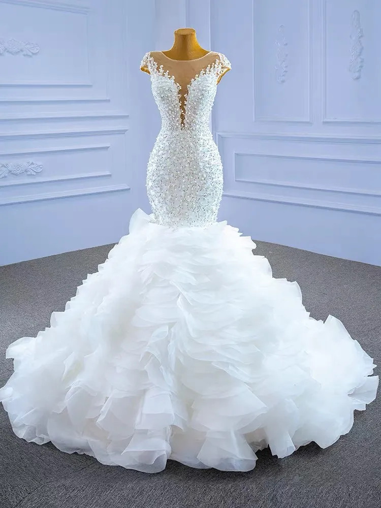2023 robes de mariée sirène perlées africaines broderie perlée paillettes dentelle robes de mariée balayage train organza robe de mariée robes formelles de marie