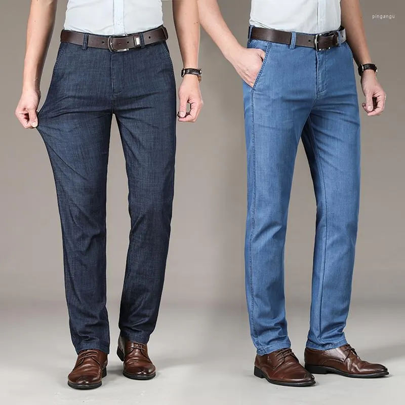 Jeans da uomo Primavera ed Estate Pantaloni da uomo in tessuto modale sottile a gamba dritta Business Casual Stretch Pantaloni azzurri Pantaloni di marca maschile