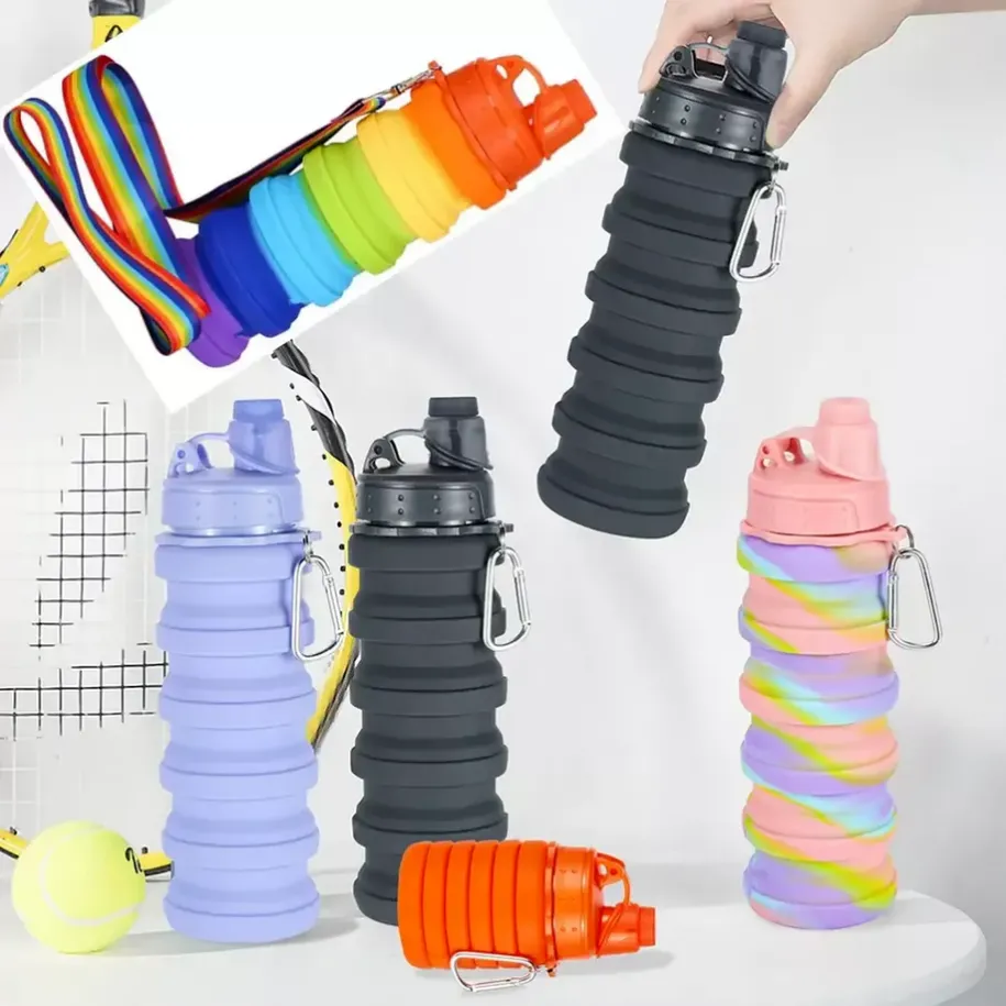 Bottiglie d'acqua pieghevoli da 16 once in silicone arcobaleno da 500 ml Borraccia portatile telescopica creativa da esterno Tazza sportiva a tenuta stagna con cinturino SS1105