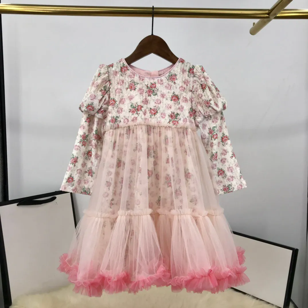 Outono Crianças Meninas Vestidos de Manga Longa Tutu Bebê Menina Renda Estampado Flor Vestido de Veludo Moda Crianças Festa Tutu