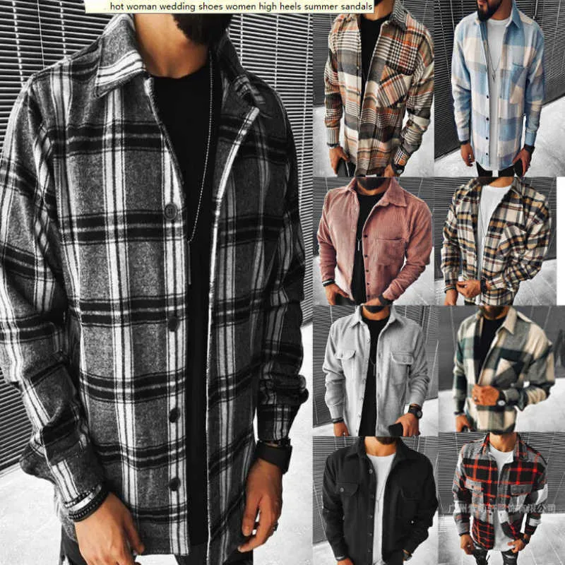 Men's Jackets 2022 Fashion Autumn Winter Men Button Shirt Coat Cool Street Casual Jacket Printed Checkered Wool Clothes Male Y2211