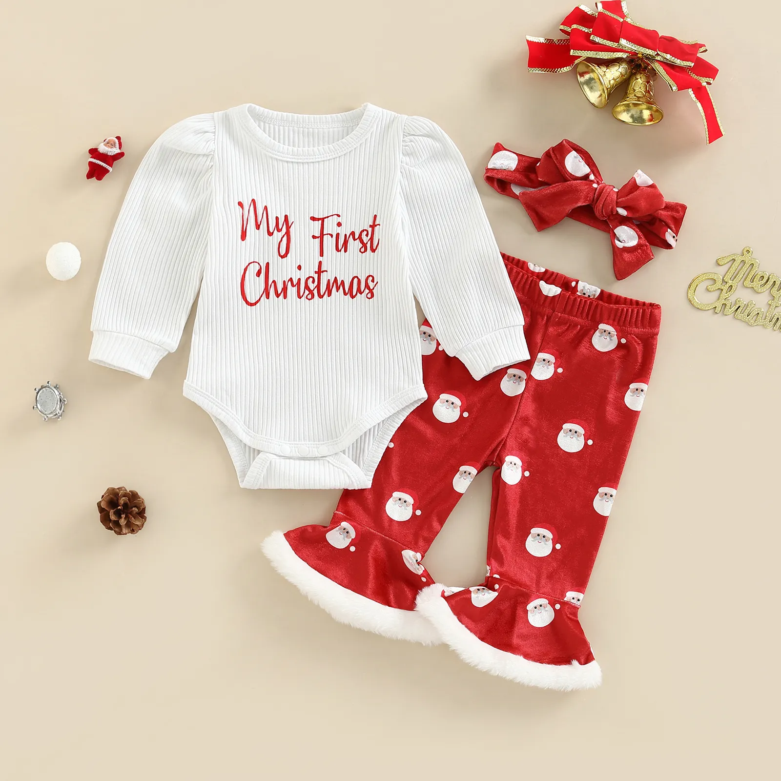 衣類セットシチェット秋のクリスマス幼児の女の子のズボンセット長袖の手紙プリントロンパーサンタフレアボウノット221104