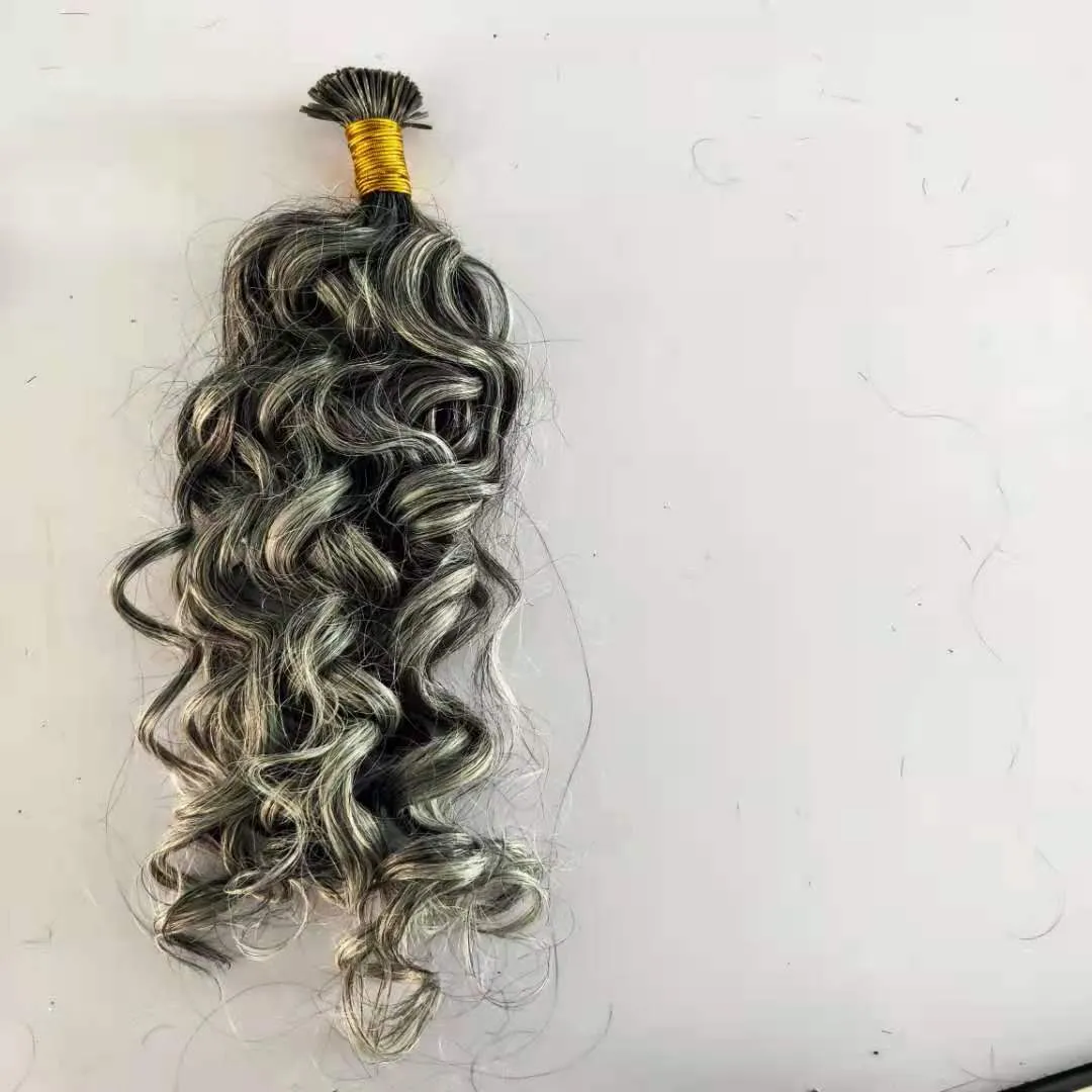 Saltpeppar Silvergrå Curly Microlink Human Hair Extension Raw I Tip Gray Itips I tip Kinky Curly Custom Made 200Strand10-24 tum 0,7 g/Strand Free Ship