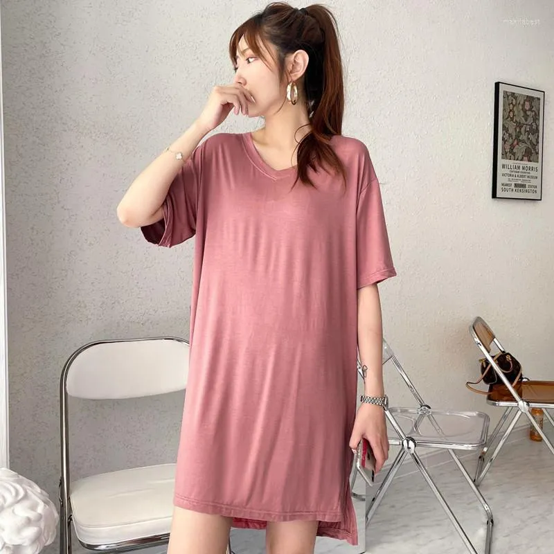 Women's Sleepwear Fat MM Loose Modal Cotton Night Dress Women Short Sleeve Nightshirt Elegant V Neck Homewear Nightgowns Female