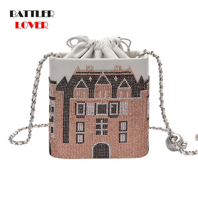 Luxury Diamond Castle Hand Bag for Women 2021 Trend New Designer Crystal Box Handbag female Crossbody Shoulder Purse Dinner Case