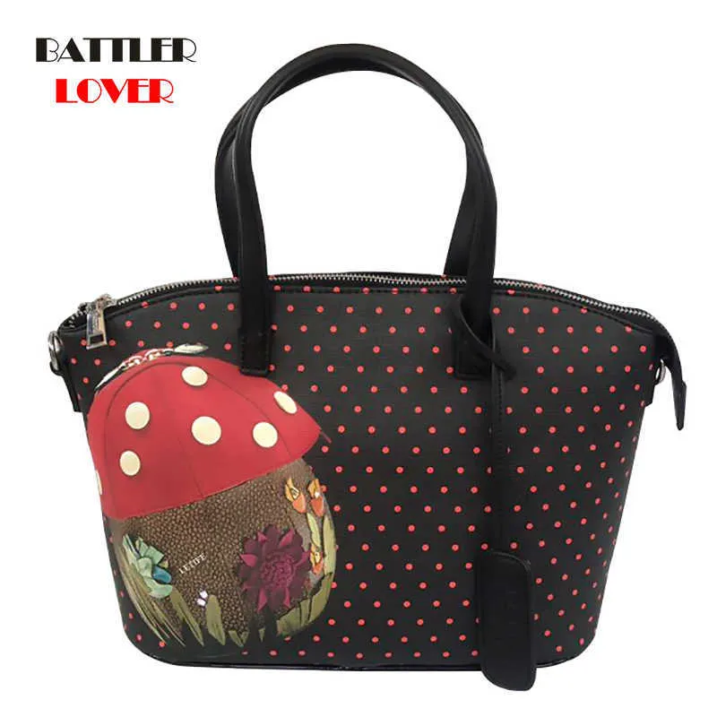 Women Leather Patchwork Embroidery Handbags for Female Shoulder Messenger Bag Tote Cartoon Wave Point Mushroom