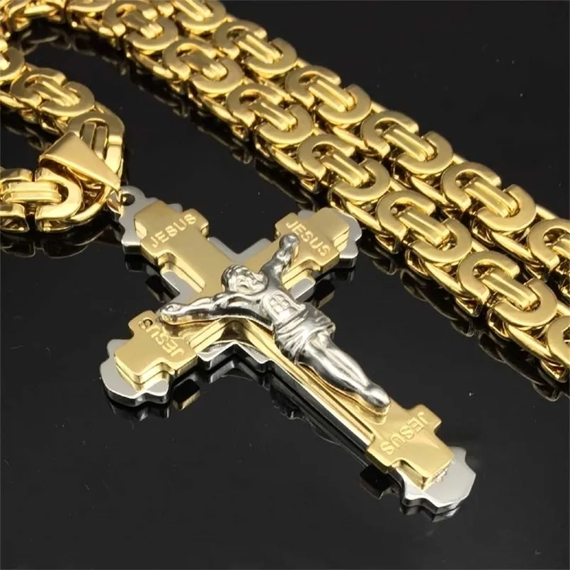 Anhänger Halsketten Schwere Kruzifix Jesus Kreuz Halskette Edelstahl Christus Gold Byzantinische Kette Männer Schmuck Geschenke 24 "221105