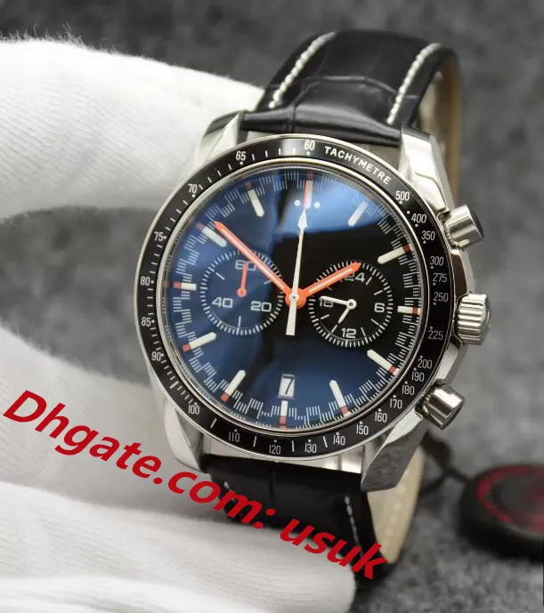 3A Quality Mens Watches 44MM Quartz Chronograph Date Men Watch Red Hands Black Leather Strap Fixed Bezel With A Top Ring Showing Tachymeter Markings