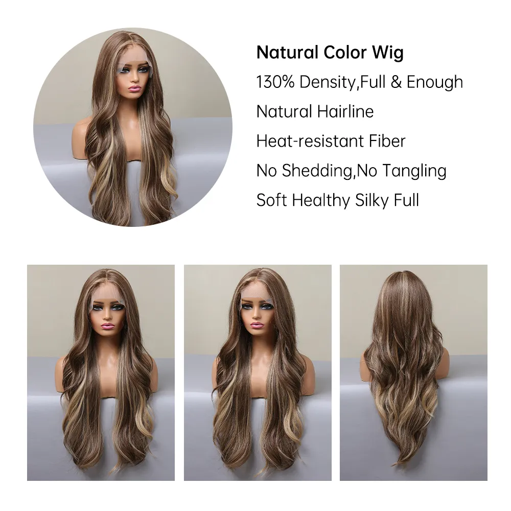 Sarışın ile koyu kahverengi dantel ön peruk, siyah kadınlar için uzun sentetik dalgalı saç perukları ısıya dayanıklı fiberfactory doğrudan