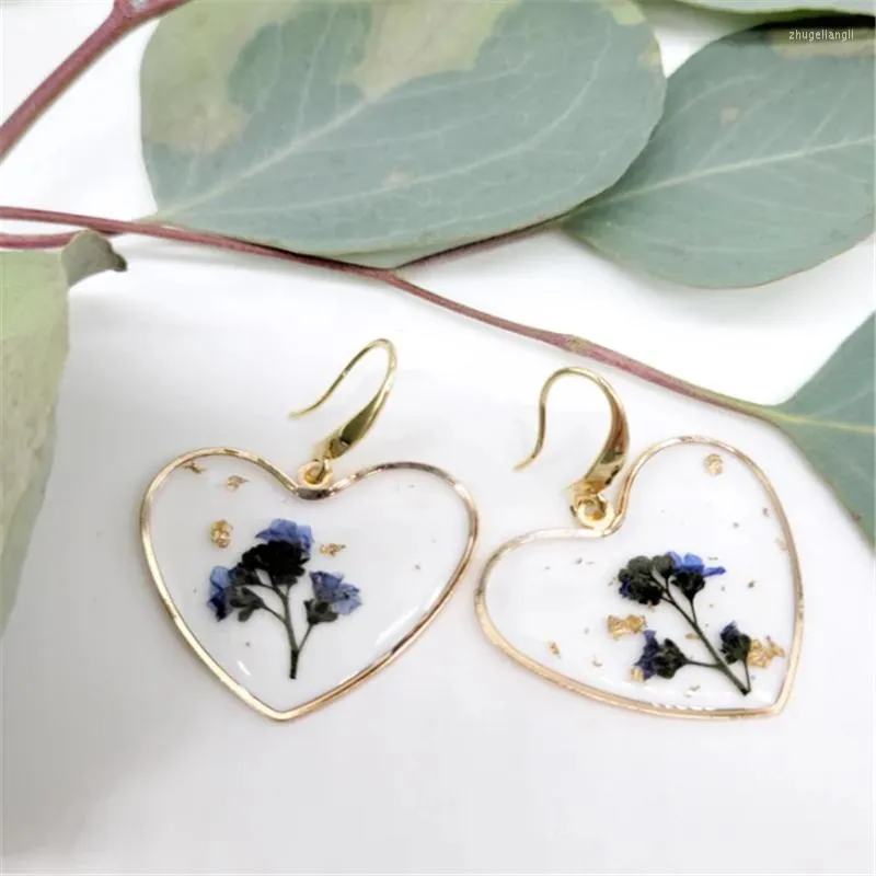 Boucles d'oreilles pendantes coeur en résine avec des fleurs de ne m'oublie pas Floral préservé fleur goutte ami 2022 cadeau de remise des diplômes CJT5