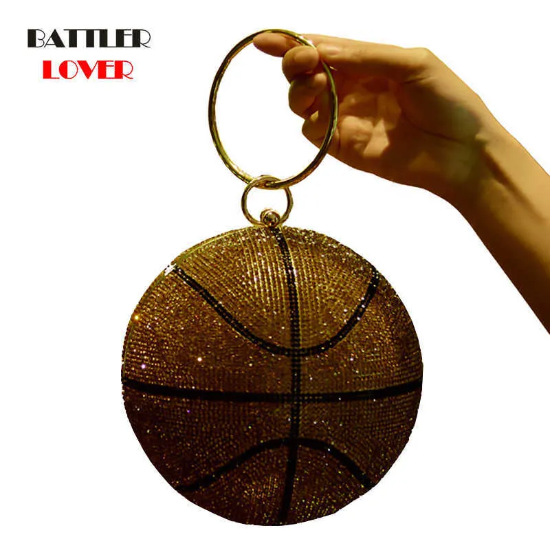 3D Basketball Round Ball Gold Clutch Purses for Women Evening Rhinestone Handbags Ladies Party Dinner Bag