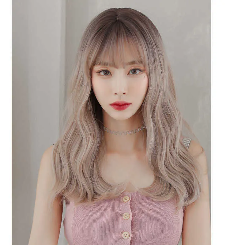 Cheveux Dentelle Perruques Perruque Femmes Air Bangs Couleur Lin Micro Cheveux Longs Bouclés ffy Couvre-chef Naturel