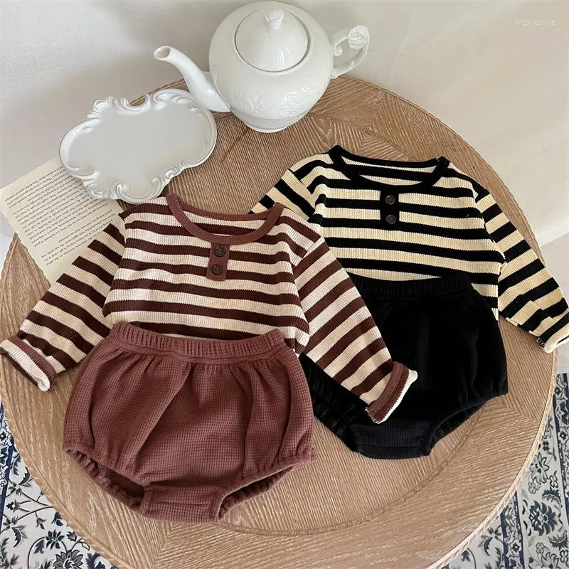 Clothing Sets Toddler Baby Girl Spring Autumn Striped Vintage Top Solid Shorts Suit For Infants Cotton Casual Kids Boys Clothes