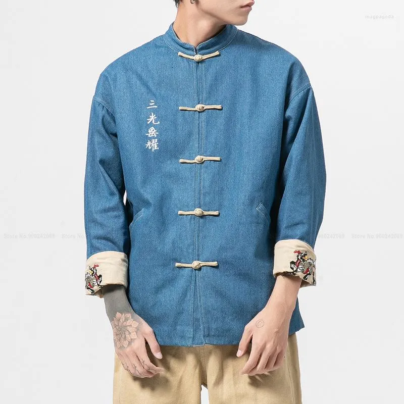 Этническая одежда китайская вышиваемая рубашки ханфу блузя японская харадзюку повседневные джинсовые куртки.