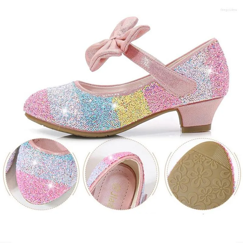 Flat Shoes Girls Color Matching Leather Shoe Princess Crystal Kids Round Toe Soft Sole High Heel Fashion Bow Mary Jane Pink