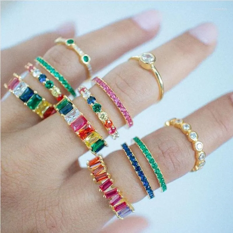 Klusterringar 925 Sterling Silver Colorful CZ Eternity Band Engagement for Women Fashion Gold Color Dainty Finger Jewelry