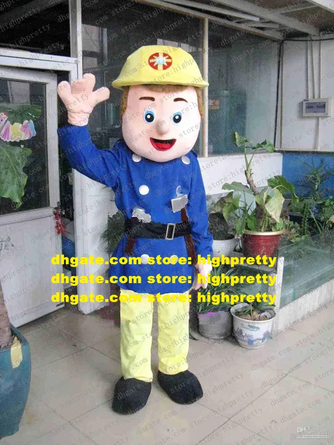 Truckman Fire Homem Sam Fireman Mascot Fantaspume com casaco azul calça amarela incêndios Suje MASCOTTE FESTO DE FESTO DE ADULTOS Nº 122 Navio livre