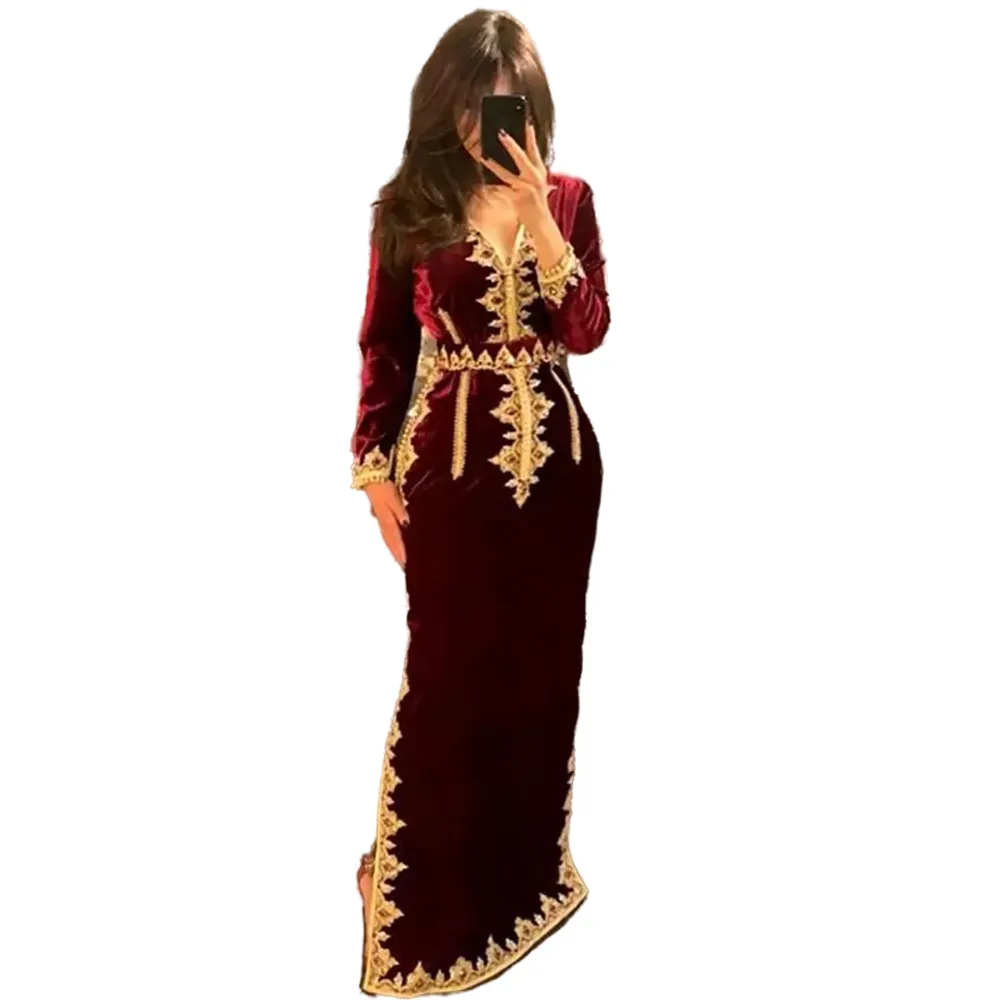 Velvet Kaftan Jurk Elegante Avondjurk Met Lange Mouwen In Gouden Kanten Appliques Voor Formele Gelegenheden Van 116 27 DHgate