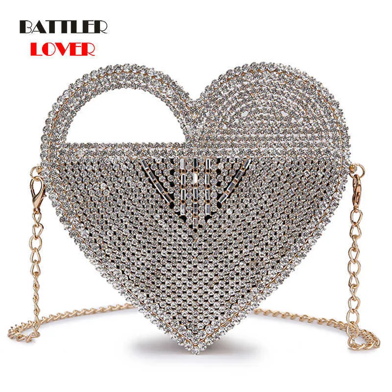 Heart Shaped Diamond Evening Clutch Bag For Women 2021 Luxury Designer Purses And Handbags Hollow Out Metal Shoulder Chain Bag