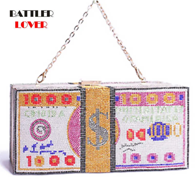 Money Evening Clutch Bags Dinner Purses and Handbags Luxury 2020 New Diamond Painting Chain Wedding Stack of Cash Crystals Women
