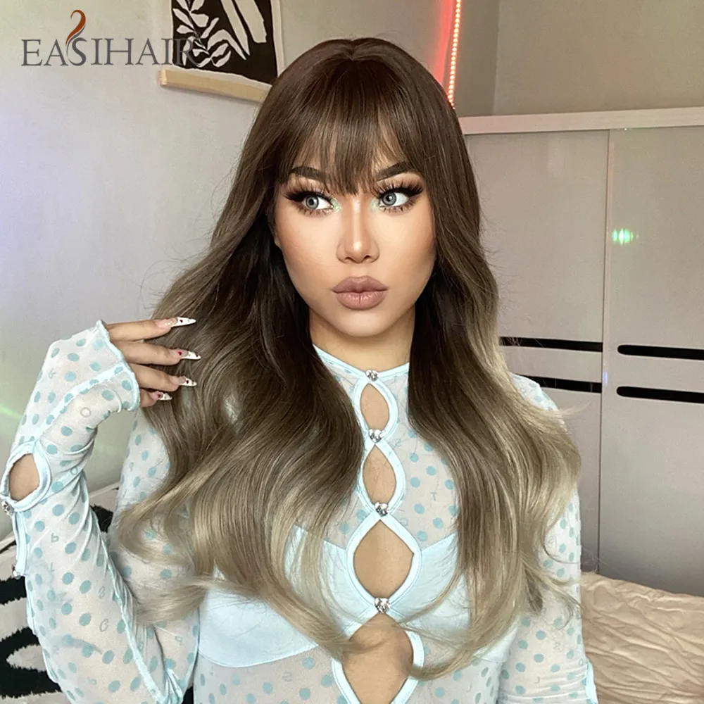 Ombre Brown Blonde Long Wavy Synthetic Wigs с челкой натуральный серый парик для волос для женщин для женщин ежедневно косплей теплостойкий