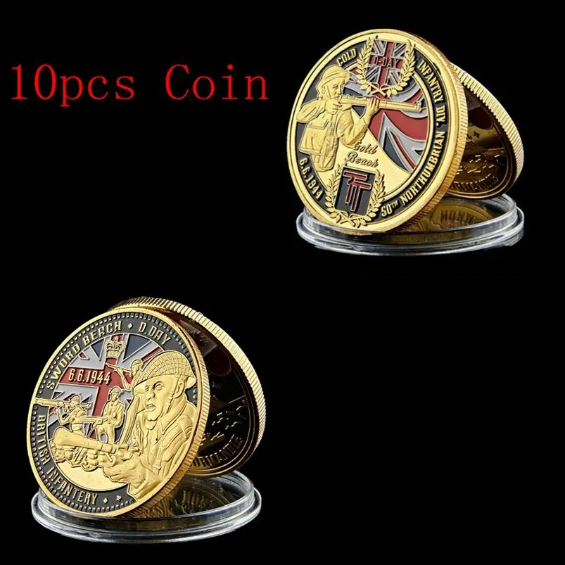 10-st uit uitdaging Craft British Infantry Coin D-Day 50e Northumbrian 24K Gold Ploated Gold Beach Militair Souvenir Badge262r