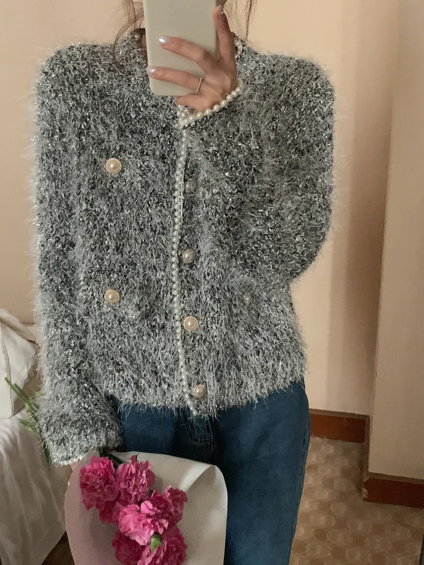 Kvinnors O-hals Lureex Shinny Bling Mohair Wool Sticked Single Breasted tröja Cardigan Coat