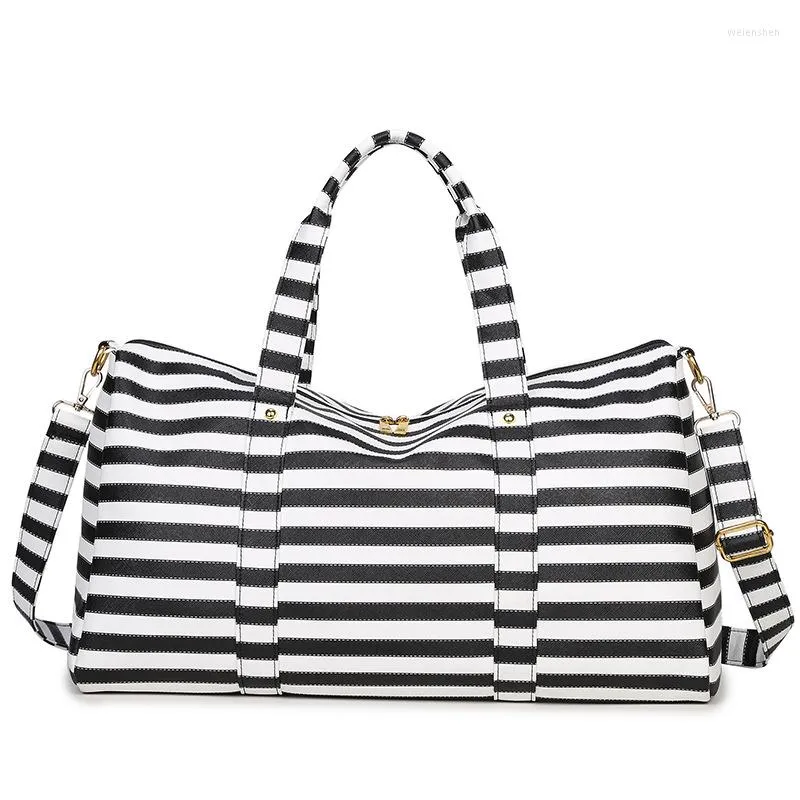 Bolsas de lona Moda Paquete de computadora portátil a rayas Bolsa de viaje Tote multifunción Cuero de PU con bolsillo para zapatos Satchel duradero Blanco y negro