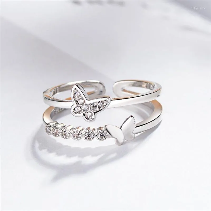 Cluster Rings Sole Memory Double Layer Shiny Cute Butterfly Silver Color Female Resizable Opening SRI950