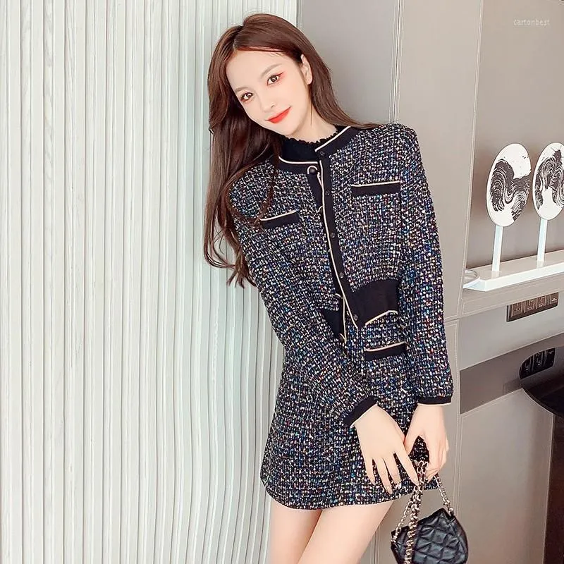 Werkjurken kantoor dame plaid vintage tweedelig set dames wollen jassen jas hoge taille mini rok elegante outfist harajuku d047