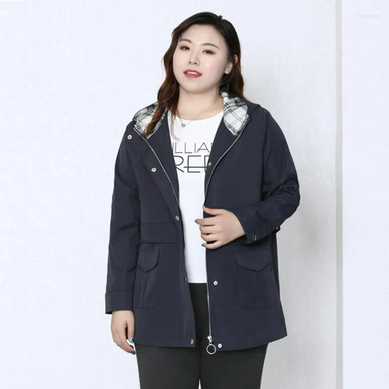 Outerwear Women's Plus Size Windproof Jacket Autumn Casual Hoodie With Pocket Cotton Woven Navy Blue 4XL-10XL SZ018