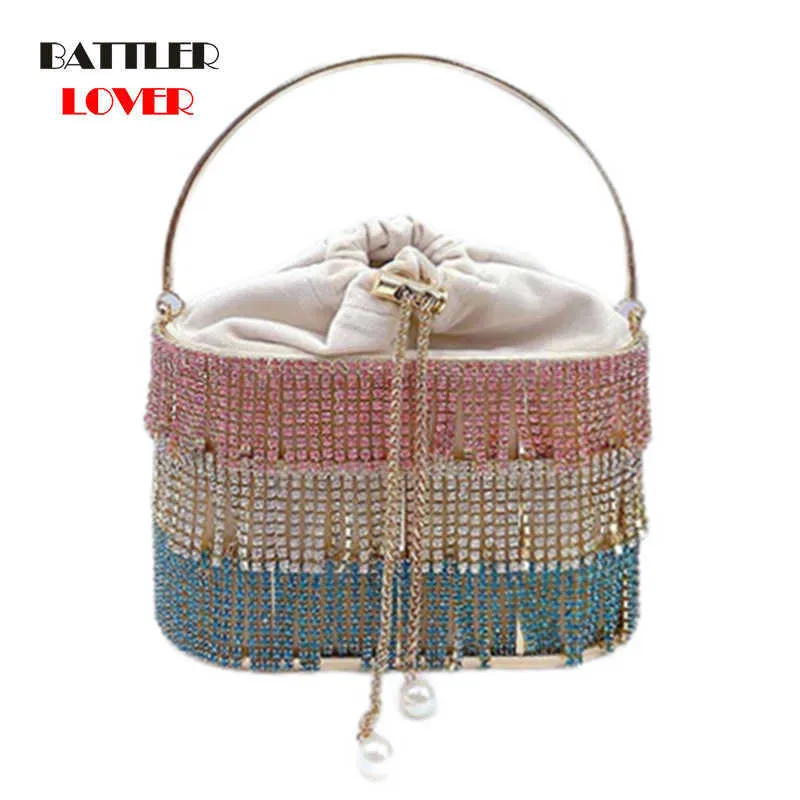 Diamond Tassel Metal Bucket Party Purses And Handbags For Women 2021 Luxury Design Bag Female Clutch Chain Shoulder Wedding Bag