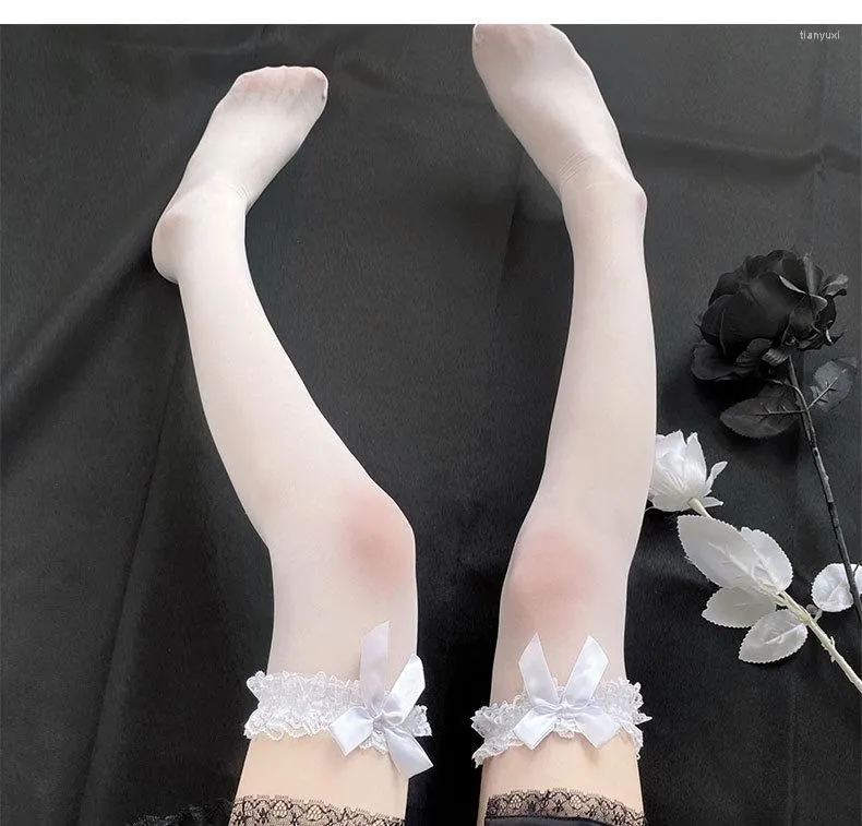 Femmes Chaussettes Pure Belle Arc Sur Le Genou Lolita Blanc Sexy Jarretelles Tube Soie Cuisse Haute Mignon Maid Bas Transparent Bas