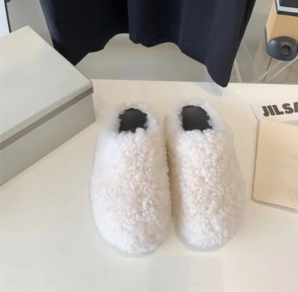 Fashion Fur Slippers Women Round Toe Horse Hair Slides Female Mohair Black Rose wool Navy white Mules Shoes Flat Half Slipper Woman Casual plush shoes 35 37 39 43 44 45