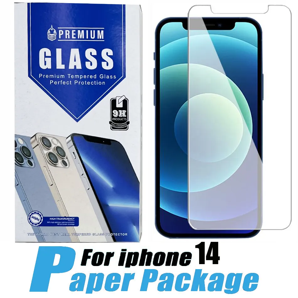 Super Hard Screen Protector Hemdrat glas för iPhone 15 14 Pro Max 13 12 11 XR XS X 6 7 Plus 8 Samsung A13 A12 A32 A02S A53 A52 A51 A22 5G 9H 2.5D med 10 i 1 papperslåda