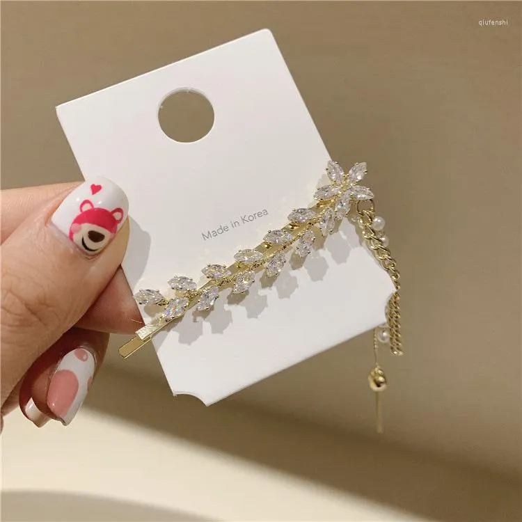 Jewelry Pouches Korean Tassel Leaf Hairpin Word Clip Banger Girl Hair Accessories Rhinestone Pearl Side Female