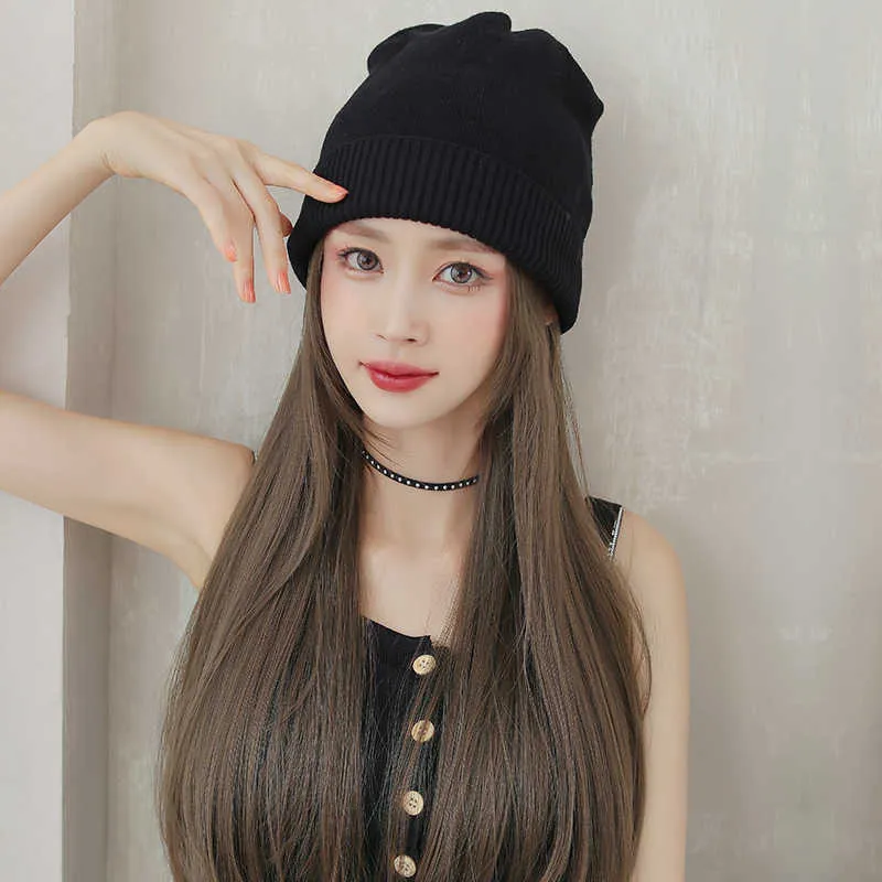 Hair Lace Wigs Wool Hat with Wig in One Women's Autumn and Winter Long Straight Hair Net Red Head Set