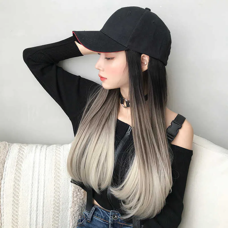 Hair Lace Wigs Hat and Integrated Gradual Change Highlights Straight Cap Long Hair Inner Buckle Net Red Wig