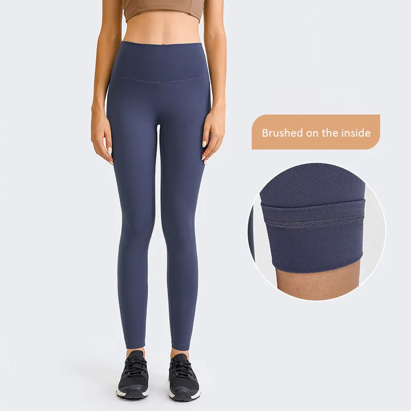 L-144 High Rise Fleece Tight Naked Feeling Yoga Pants Elastic Leggings with Pockets have T-Line Running Sweatpants Solid Color Women Trousers