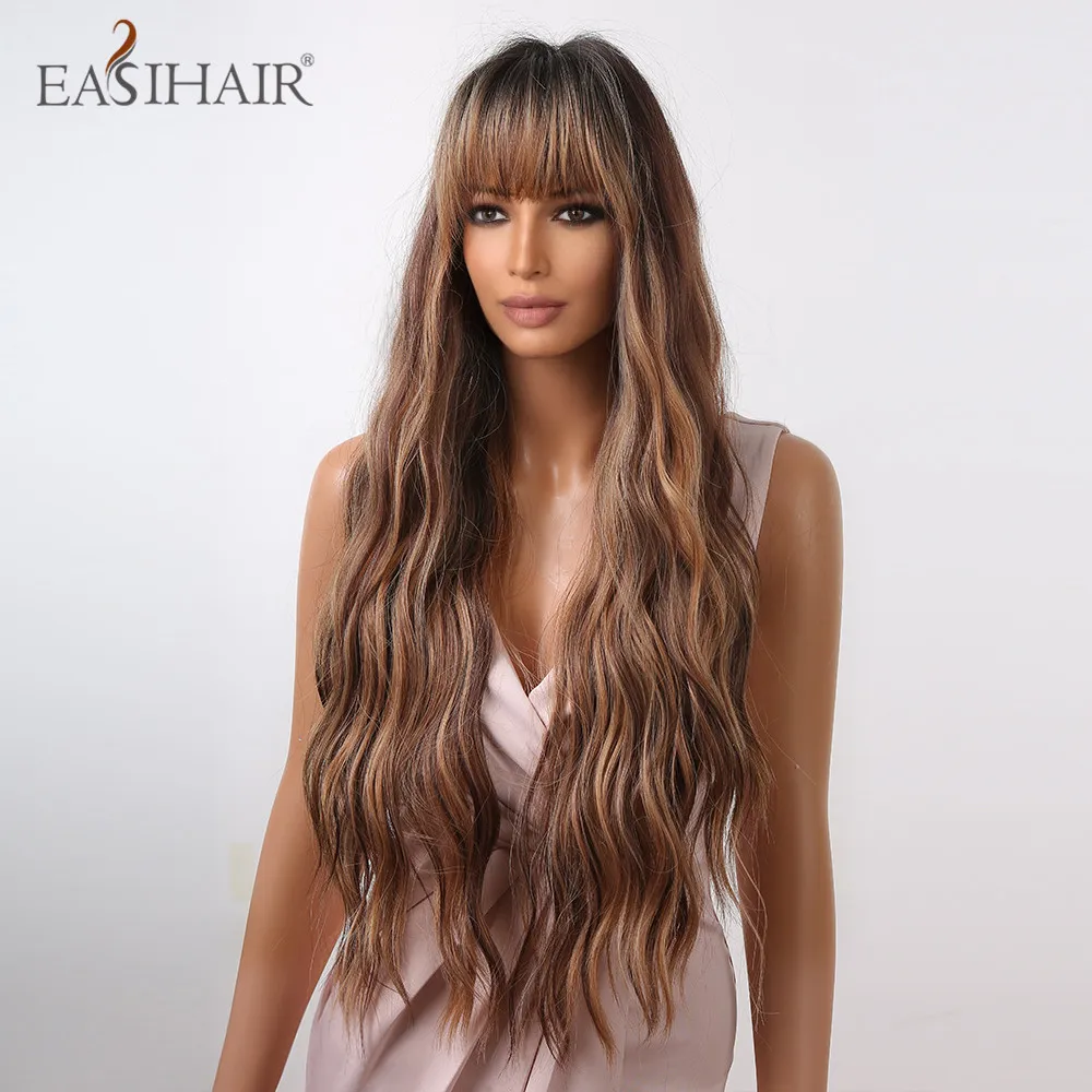 Longue vague d'eau brun doré perruques synthétiques avec Bang Chocolat Balayage perruque de cheveux pour les femmes noires Daily lHeat Resistantfactory direct