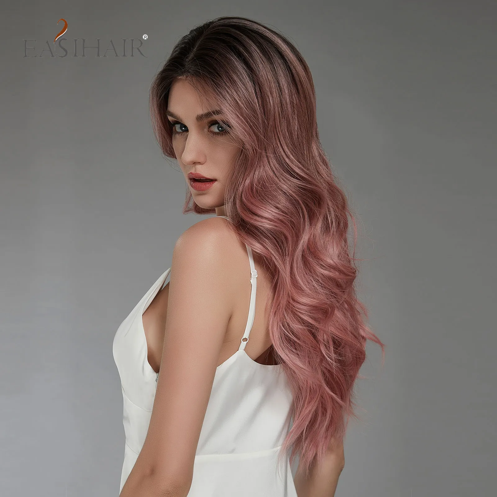 Parrucche sintetiche a onda lunga rosa Parrucche per capelli in pizzo per le donne Parrucca cosplay colorata Resistente al calore Festa quotidiana Weddingfactory diretta