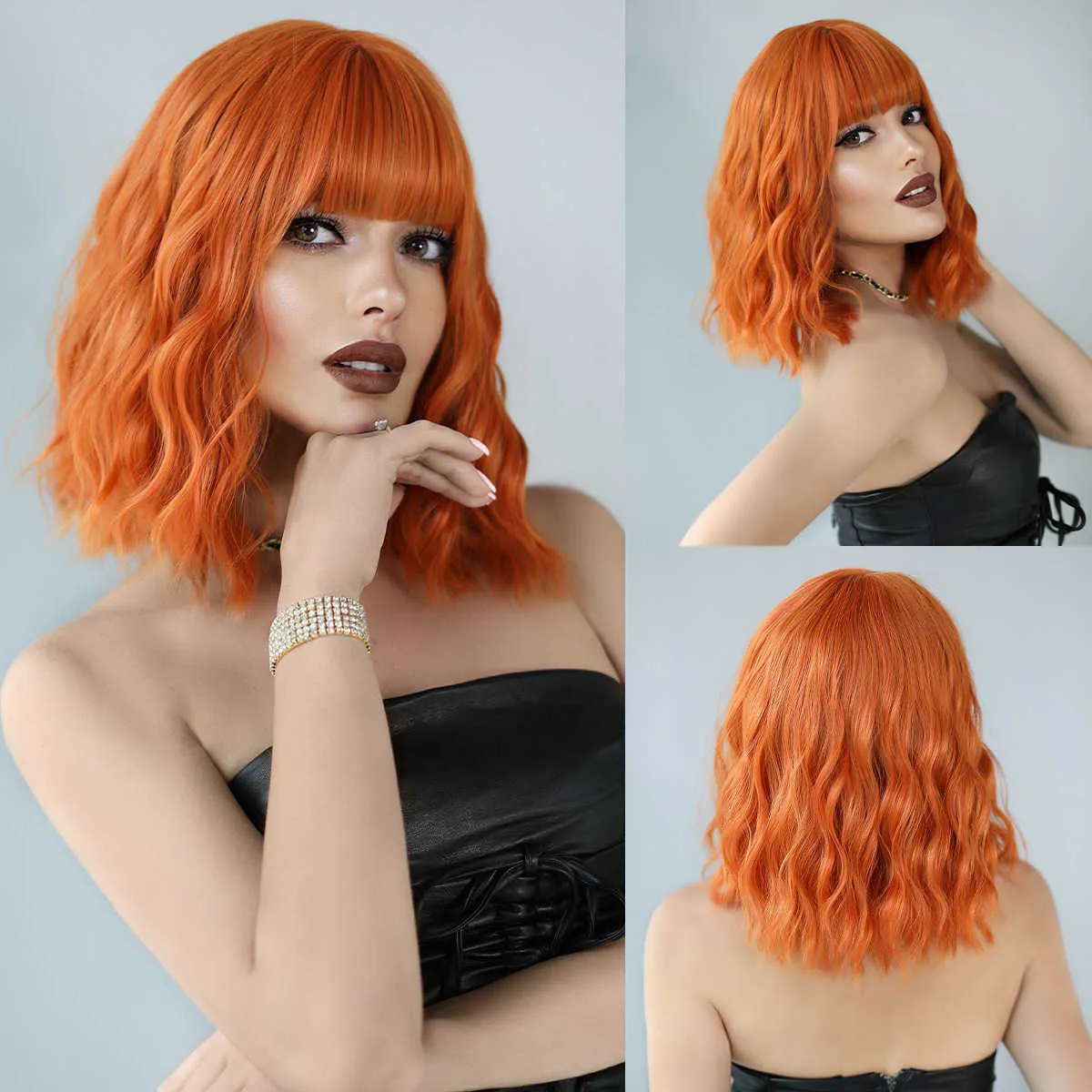 Hår spetsar peruker smutsiga orange peruk kvinnors korta luft bangs medium lång lockig kemisk fiber hårskydd